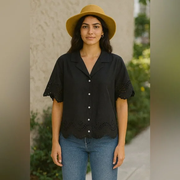 Cynthia ROWLEY Linen Eyelet Button Down Scalloped Trim Black Medium - Picture 1 of 1